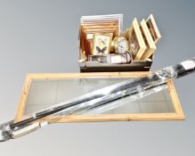 A contemporary pine rectangular mirror together with a boxed curtain pole and a box containing