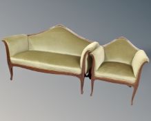 A four piece 20th century wood framed lounge suite in green dralon