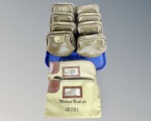 A tray containing vintage banking bags including eight leather bags with chub locks and keys,