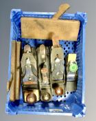 A box of six assorted wood working planes including Stanley Bailey no.