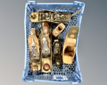 A crate of six assorted wood working planes including Stanley Bailey no.