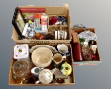Three boxes of 19th century bowl and planter, Noritake teapot, china barrel on stand with glasses,
