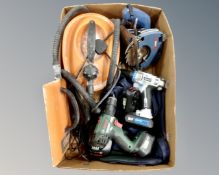 A box of Saber electric wall paper stripper, Bosch hand saw,
