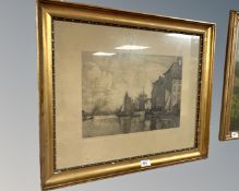 A continental monochrome engraving depicting a canal scene,