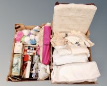 Two boxes of sewing and knitting accessories, wool,