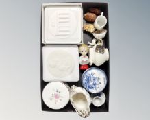 A tray of ceramics to include Wade whimsies, continental dish and cover,