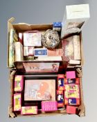 Two boxes of Disney jigsaws, Tetley tea folk, Warner Brothers place mats,