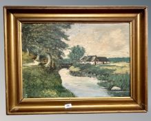 Continental school : farm building by a bridge, oil on board,