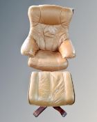 A contemporary Continental light oak swivel chair with matching footstool