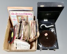 A vintage broadcaster table topped gramophone in case together with a box containing vinyl records