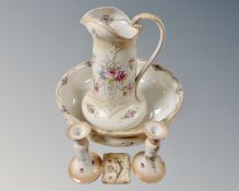 A late Victorian five-part dressing table set including jug and basin,
