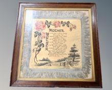 An early 20th century poem on silk 'Mother' in oak frame