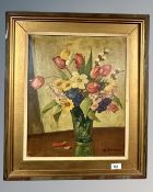 H Andersen : still life with tulips in a vase, oil on canvas,