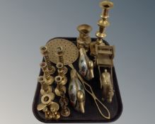 A tray of assorted brass wares, candlestick, horse an cart, chestnut warmer,