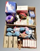 Two boxes of vintage and later toys, tin plated spinning top, books, Esopon clear cast kit,