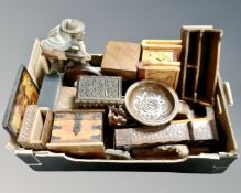 A box of antique and later wooden pieces, trinket boxes, bowls, religious icons,