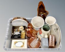 A box of carnival glass ware, ceramics, ash tray,