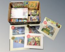 A box of teenage mutant Ninja turtle collectables, animation art, board game figures, coin set,