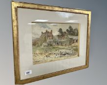 Albert Stevens : geese and chickens in a farmyard, watercolour,