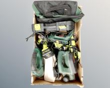 A box of assorted power tools, Wickes tool bag, Guild 18v electric drill, oscilating tool,