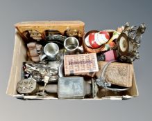 A box of antique carriage lamp, trinket boxes, tankards,