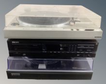A Hitachi HT-20S stereo turntable together with a Sanyo TP 727-2 turntable and Philips DVD player