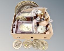 A box of frameless mirror, two brass plaques,