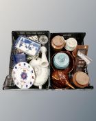 Two baskets of assorted ceramics, Hen ornament, Hornsea storage jars, Willow pattern plates,