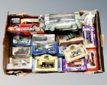 A box of die cast vehicles, Corgi, Ringtons tea, Dinky etc, all boxed.