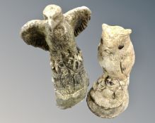 Two garden ornaments 'Eagle and Owl'.