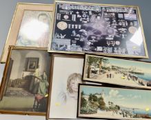 A 20th century mosaic style print 'Virgin Mary and Jesus', five further framed pictures.