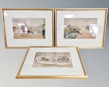 Three humorous watercolour drawings depicting horses.