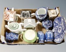 A box of Ringtons and Maling ceramics to include chintz water jug, novelty teapots,