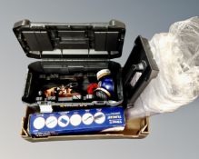 A box of Stanley tool box, mini vice, wood working plane, plastic document wall pockets,