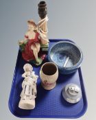 A tray of ceramics including Denby glazed bowl, early 20th century figural lamp,