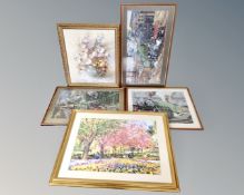 A collection of pictures, an embroidered tapestry depicting trains,