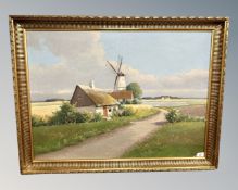 Continental school : Dutch cottage with windmill, oil on canvas,