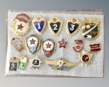 A group of 15 military excellence badges.