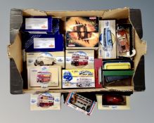 A box of Corgi die cast vehicles, Matchbox fire engine, Corgi London Transport Jubilee bus etc.