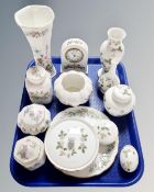 A tray of Aynsley Wild Tudor and Wedgwood Strawberry china, Aynsley mantel clock etc.