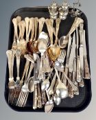 A tray containing silver plated cutlery, Inkerman stainless steel cutlery etc.