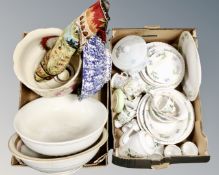 Two boxes of 19th century and later ceramics, wash bowls, planter, Royal Standard tea service,