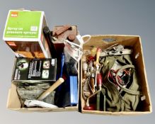 Two boxes of tools, spanners, pressure sprayer, spray gun etc.