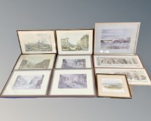 A box of pictures and prints to include Keith Proctor prints of Newcastle, hand coloured engravings,