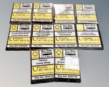 A collection of metal Merseytravel bus stop signs, Islington, Crosby Village etc.