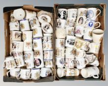 Two boxes containing a collection of commemorative china cups including Aynsley ware,