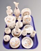A tray of Aynsley cottage garden china, two Aynsley mantel clocks, decorative pots etc.