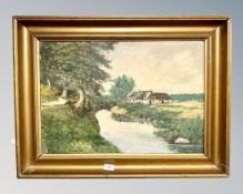 Continental school : farm building by a bridge, oil on board,
