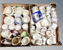 Two boxes of ceramics including commemorative china, teapots, Sylvac pebble vase, Maling etc.
