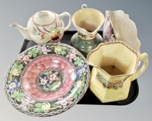 A tray of Maling ware including lustre teapot commissioned for Ringtons, Garland pattern vase,